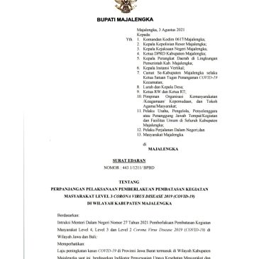 SURAT EDARAN TENTANG PERPANJANGAN PELAKSANAAN PPKM LEVEL 3 DI WILAYAH KABUPATEN MAJALENGKA