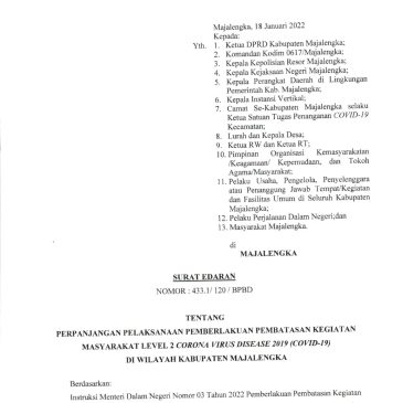 SURAT EDARAN TENTANG PELAKSANAAN PPKM LEVEL 2 DI WILAYAH KAB.MAJALENGKA