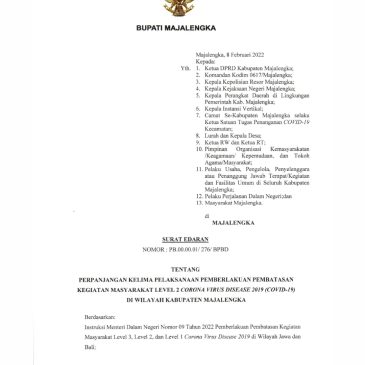 Surat Edaran Tentang Perpanjangan PPKM Level 2 Di Wilayah Kabupaten Majalengka