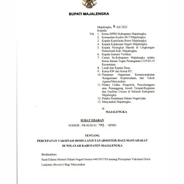 Surat Edaran Tentang Percepatan Vaksinasi Lanjutan (Booster)Bagi Masyarakat di Wilayah Kabupaten Majalengka