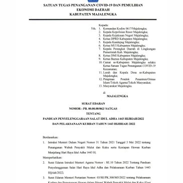 Surat Edaran tentang Panduan Penyelanggaraan Salat Idul Adha 1443 Hijriah/2022 dan Pelaksanaan Kurban Tahun 1443 Hijriah/2022